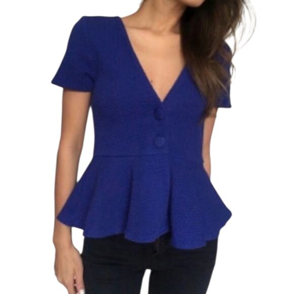 Ganni Tops - NWOT Ganni Anthropologie Peplum Blue Short Sleeve Blouse V-Neck Top Buttons XS